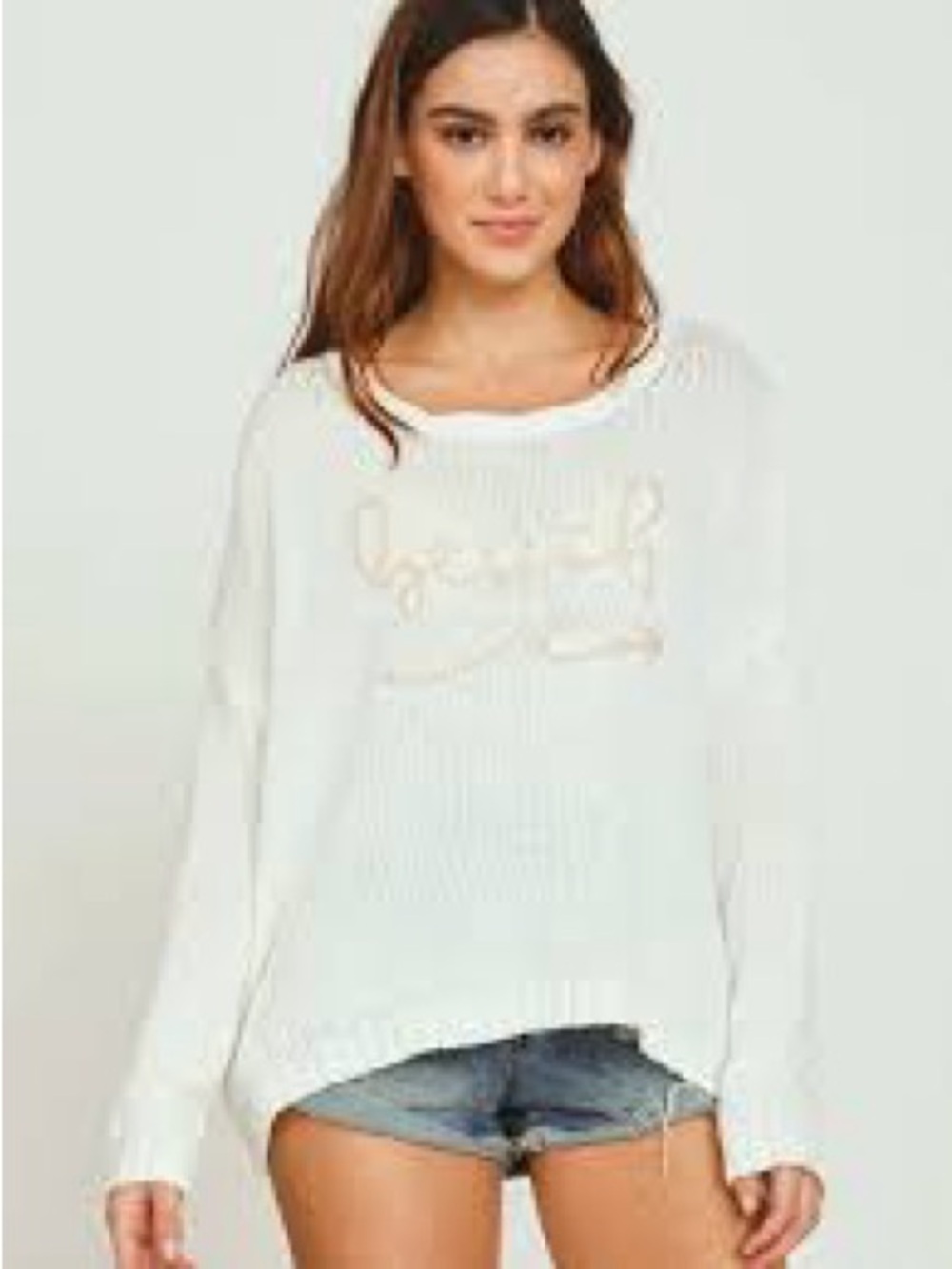 Vintage Havana Cream Knit Crewneck Sweater with Contrast 'Beach' Script